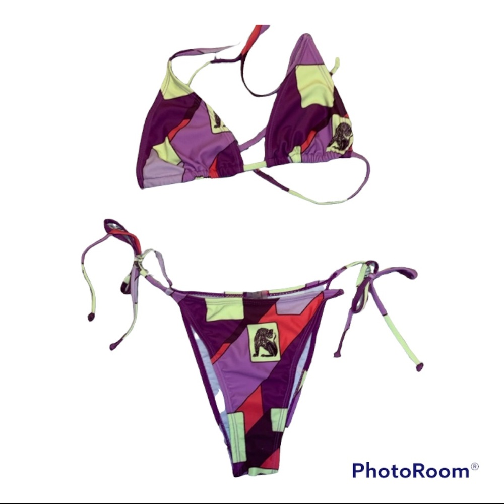 Purple Graphic Print Tie Side Cheeky Bikini Set